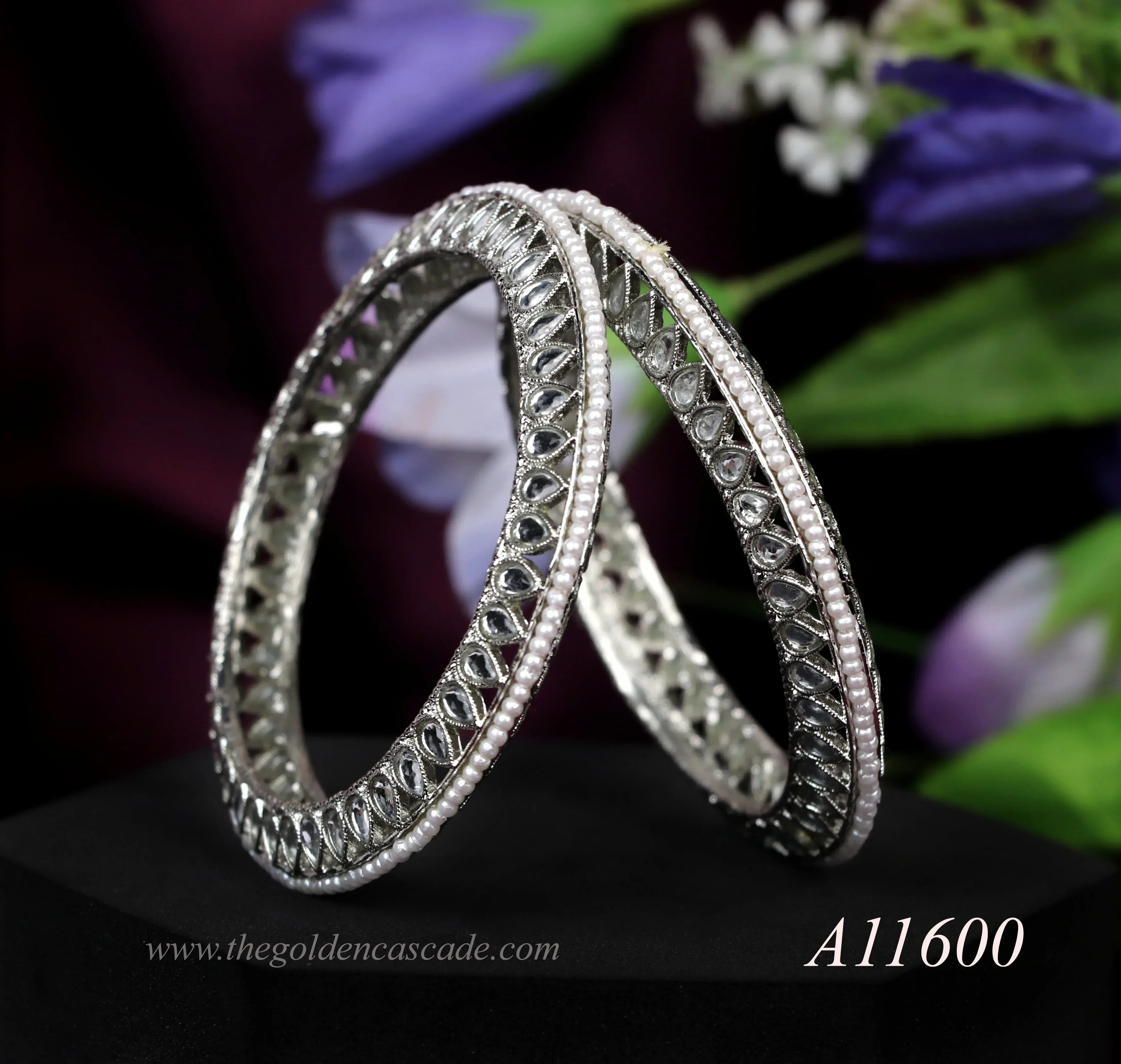 Silver Pearl Studded Metal Kada for Women (Pack of 2) - The Golden Cascade